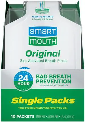 Original Zinc Activated Mouthwash Single Packs - Disposable Mouthwash Packets for Fresh Breath - Eliminates Bad Breath & Odors - Alcohol & Fluoride-Free - Fresh Mint - 10 Count Original Zinc Activated Mouthwash Single Packs - Disposable Mouthwash Packets for Fresh Breath - Eliminates Bad Breath & Odors - Alcohol & Fluoride-Free - Fresh Mint - 10 Count