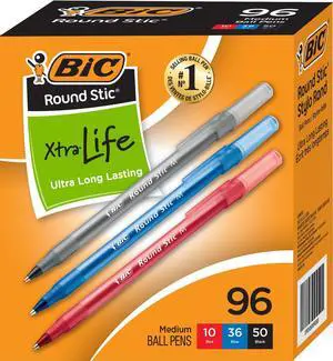 Round Stic Xtra Life Ballpoint Pens, 1mm, Black, Blue & Red, 96 Pack Round Stic Xtra Life Ballpoint Pens, 1mm, Black, Blue & Red, 96 Pack