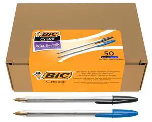 Cristal Xtra Smooth Ballpoint Pen, Medium Point 1.0 mm, Easy-Glide Ink, 50-Count Pack in Black and Blue Ink Cristal Xtra Smooth Ballpoint Pen, Medium Point 1.0 mm, Easy-Glide Ink, 50-Count Pack in Black and Blue Ink