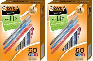 Round Stic Xtra Life Assorted Ink Ballpoint Pens, Medium Point (1.0mm), 60-Count Pack of Bulk Pens, Flexible Round Barrel for Comfortable Writing, No. 1 Selling Ballpoint Pens (Pack of 2) Round Stic Xtra Life Assorted Ink Ballpoint Pens, Medium Point (1.0mm), 60-Count Pack of Bulk Pens, Flexible Round Barrel for Comfortable Writing, No. 1 Selling Ballpoint Pens (Pack of 2)