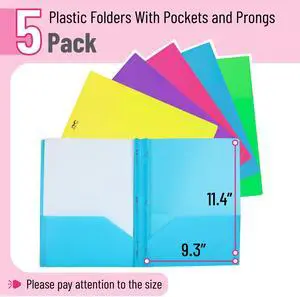 Plastic Folders with Pockets and Prongs, 5 Pack, Letter Size Plastic Folders with Pockets and Prongs, 5 Pack, Letter Size