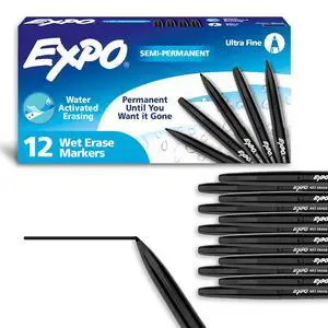 Wet Erase Markers, Semi-Permanent, Black, Ultra Fine Tip, 12 Count - For Writing on Glass, Whiteboards, Mirrors, Calendar, Labeling, Organizing Wet Erase Markers, Semi-Permanent, Black, Ultra Fine Tip, 12 Count - For Writing on Glass, Whiteboards, Mirrors, Calendar, Labeling, Organizing