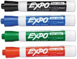 Low Odor Dry Erase Markers, Chisel Tip, Basic Assorted, 4 pk Low Odor Dry Erase Markers, Chisel Tip, Basic Assorted, 4 pk