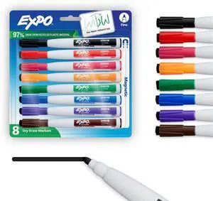 Magnetic Dry Erase Markers with Built-In Eraser, Fine Tip, Assorted Colors, 8 Count - Classroom White Board, Teacher Supplies, School Locker Magnetic Dry Erase Markers with Built-In Eraser, Fine Tip, Assorted Colors, 8 Count - Classroom White Board, Teacher Supplies, School Locker