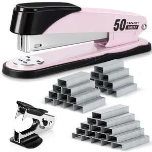 Stapler Heavy Duty, Full Strip Staplers for Desk with 2000 Staples and Staple Remover, 50 Sheet Capacity, No Jam, Non-Slip Office Stapler with Staples for Office, Classroom, Pink Stapler Heavy Duty, Full Strip Staplers for Desk with 2000 Staples and Staple Remover, 50 Sheet Capacity, No Jam, Non-Slip Office Stapler with Staples for Office, Classroom, Pink
