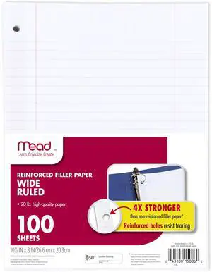 Loose Leaf Paper, Wide Ruled Filler Notebook Paper, Reinforced, 8" x 10-1/2", 100 Sheets, Fits 3-Ring Binder (15006) Loose Leaf Paper, Wide Ruled Filler Notebook Paper, Reinforced, 8" x 10-1/2", 100 Sheets, Fits 3-Ring Binder (15006)