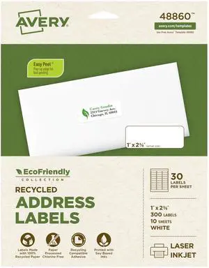 EcoFriendly Recycled Address Labels, 1" x 2-5/8", White, Permanent Label Adhesive, 300 Printable Labels (48860) EcoFriendly Recycled Address Labels, 1" x 2-5/8", White, Permanent Label Adhesive, 300 Printable Labels (48860)