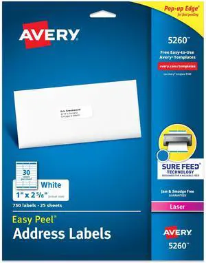 Easy Peel Printable Address Labels with Sure Feed, 1" x 2-5/8" Customizable Stickers, White, 750 Blank Mailing Labels, Great for Mailing, Shipping, and More (5260) Easy Peel Printable Address Labels with Sure Feed, 1" x 2-5/8" Customizable Stickers, White, 750 Blank Mailing Labels, Great for Mailing, Shipping, and More (5260)