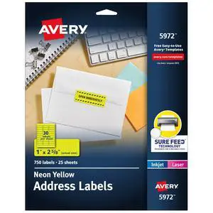 Printable Address Labels, Sure Feed Technology, 1" x 2-5/8", Neon Yellow, Laser & Inkjet Compatible, 750 Blank Labels Total, Great for Branding, Mailing, Organizing, and More (5972) Printable Address Labels, Sure Feed Technology, 1" x 2-5/8", Neon Yellow, Laser & Inkjet Compatible, 750 Blank Labels Total, Great for Branding, Mailing, Organizing, and More (5972)