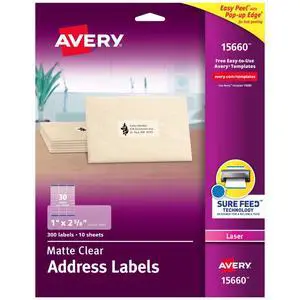 Clear Easy Peel Address Labels for Laser Printers 1" x 2-5/8", Pack of 300 (15660) Clear Easy Peel Address Labels for Laser Printers 1" x 2-5/8", Pack of 300 (15660)