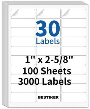 3000 Address Labels, BESTIKER 1 x 2-5/8 Printable Mailing Label for Envelopes, 30up Labels White Stickers for Laser Inkjet Printers, FBA Barcode Label 100 Sheets 3000 Address Labels, BESTIKER 1 x 2-5/8 Printable Mailing Label for Envelopes, 30up Labels White Stickers for Laser Inkjet Printers, FBA Barcode Label 100 Sheets