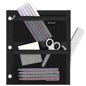 3-Ring Binder Pencil Pouch, Zipper Organizer with 3 Compartments, Mesh Window & Metal Grommets, Durable Oxford Pen Case for School Office Supplies Black 3-Ring Binder Pencil Pouch, Zipper Organizer with 3 Compartments, Mesh Window & Metal Grommets, Durable Oxford Pen Case for School Office Supplies Black