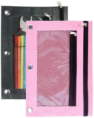 3 Ring Binder Pencil Pouch, 2 Pack Pencil Pouches with Zipper-Pencil Case with Double Pocket and Mesh Window (pink and grey) 3 Ring Binder Pencil Pouch, 2 Pack Pencil Pouches with Zipper-Pencil Case with Double Pocket and Mesh Window (pink and grey)