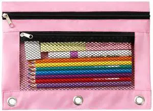 3 Ring Binder Pencil Pouch - Oxford Fabric Pencil Case with 2 Zippered Pockets, Clear Mesh Window Pencil Bag, B5 Size for Office & Travel Supplies (Pink) 3 Ring Binder Pencil Pouch - Oxford Fabric Pencil Case with 2 Zippered Pockets, Clear Mesh Window Pencil Bag, B5 Size for Office & Travel Supplies (Pink)
