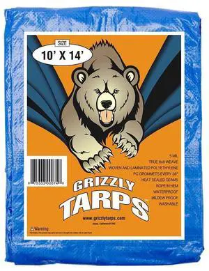 Grizzly Tarps by B-Air 10' x 14' Large Multi-Purpose Waterproof Heavy Duty Poly Tarp with Grommets Every 36", 8x8 Weave, 5 Mil Thick, for Home, Boats, Cars, Camping, Protective Cover, Blue Grizzly Tarps by B-Air 10' x 14' Large Multi-Purpose Waterproof Heavy Duty Poly Tarp with Grommets Every 36", 8x8 Weave, 5 Mil Thick, for Home, Boats, Cars, Camping, Protective Cover, Blue
