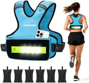 Adjustable Weighted Vest for Women Men, 6-15lbs Rucking Vest with LED Light Strips, Weight Vest with 6 Ironsand Weights, and Zipper Pocket for Strength Training, Walking, Running Blue Adjustable Weighted Vest for Women Men, 6-15lbs Rucking Vest with LED Light Strips, Weight Vest with 6 Ironsand Weights, and Zipper Pocket for Strength Training, Walking, Running Blue