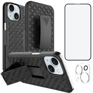for iPhone 15 Stand Case, Belt Clip Holster Screen Protector-Black for iPhone 15 Stand Case, Belt Clip Holster Screen Protector-Black