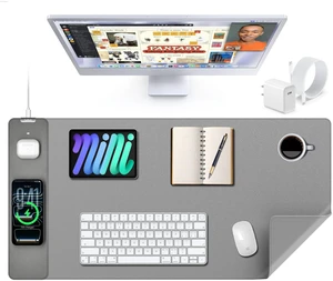 Mouse Pad with 15W Wireless Charging, XXL Large Leather Desk Mat, Gray Waterproof Gaming Mousepad Home Office Desk Pad Protector with Non-Slip Base, Includes 20W PD Adapter & 6.56ft Woven Cable Mouse Pad with 15W Wireless Charging, XXL Large Leather Desk Mat, Gray Waterproof Gaming Mousepad Home Office Desk Pad Protector with Non-Slip Base, Includes 20W PD Adapter & 6.56ft Woven Cable