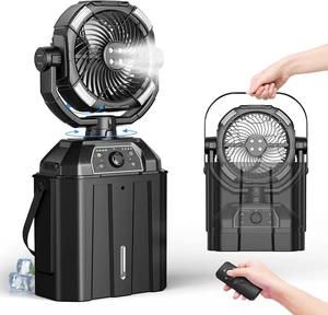 Misting fan with 7L bucket 90°Oscillating ,4 Spray Mister 25000mAh Rechargeable Camping fan with Remote Control Stepless Speed and Timer for Patios/CampingWaterproof Design Outdoor Fans (Black) Misting fan with 7L bucket 90°Oscillating ,4 Spray Mister 25000mAh Rechargeable Camping fan with Remote Control Stepless Speed and Timer for Patios/CampingWaterproof Design Outdoor Fans (Black)