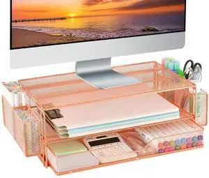 Computer Monitor Stands Riser2-Tier Desk Organizers and Accessories, Office Desk Accessories Organizer with Drawers and 2 Pen Holder for Office Supplies (Rose Gold) Computer Monitor Stands Riser2-Tier Desk Organizers and Accessories, Office Desk Accessories Organizer with Drawers and 2 Pen Holder for Office Supplies (Rose Gold)