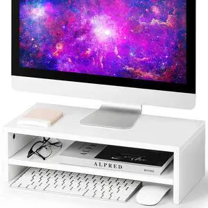 Stand Riser, White, 16.5 inch, 2 Tiers Wood Desk Shelf Stand Riser, White, 16.5 inch, 2 Tiers Wood Desk Shelf
