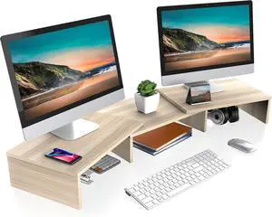 Dual Monitor Stand Riser, Adjustable Length and Angle, Oak Dual Monitor Stand Riser, Adjustable Length and Angle, Oak