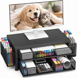 Desk Organizer and Accessories, 2-Tier Computer Monitor Stand Riser with Drawer and 2 Pen Holders, Laptop Stand, Office Desk Accessories for Office Supplies, 1 Pack, Black Double-Drawer Desk Organizer and Accessories, 2-Tier Computer Monitor Stand Riser with Drawer and 2 Pen Holders, Laptop Stand, Office Desk Accessories for Office Supplies, 1 Pack, Black Double-Drawer