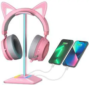 RGB Headphone Stand Gaming Headset Holder USB Charger Desktop Pink RGB Headphone Stand Gaming Headset Holder USB Charger Desktop Pink