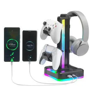 RGB Gaming Headphone and Controller Stand with 2 Type-C and 1 USB Ports RGB Gaming Headphone and Controller Stand with 2 Type-C and 1 USB Ports