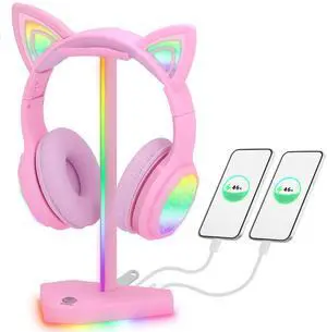 RGB Headphones Stand with 1 USB-C Data Transmission& 3 Type-C Charging Port, Desk Gaming Headset Holder with 7 Light Modes and Non-Slip Rubber Base (Pink) RGB Headphones Stand with 1 USB-C Data Transmission& 3 Type-C Charging Port, Desk Gaming Headset Holder with 7 Light Modes and Non-Slip Rubber Base (Pink)