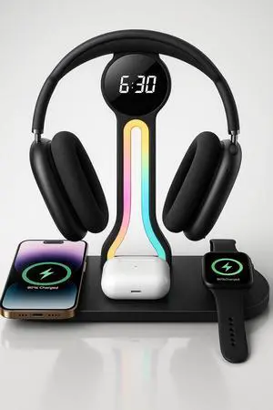 Transform Your Desk 3-in-1 Wireless Charging Station with Headphone Stand, Dual USB Ports, 15W Fast Charger for Phone/A-irPods/A-pple Watch, RGB Light, LED Alarm Clock Charge 5 Devices at Once Transform Your Desk 3-in-1 Wireless Charging Station with Headphone Stand, Dual USB Ports, 15W Fast Charger for Phone/A-irPods/A-pple Watch, RGB Light, LED Alarm Clock Charge 5 Devices at Once