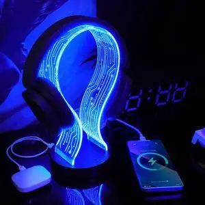 Light Up Headphone Stand, Acrylic Desk Accessory Headset Holder with PCB Pattern and 16 Color LED Lights, 1 USB and 1 Type-C Charging Ports, for Gamers Music Lovers Boys Men Light Up Headphone Stand, Acrylic Desk Accessory Headset Holder with PCB Pattern and 16 Color LED Lights, 1 USB and 1 Type-C Charging Ports, for Gamers Music Lovers Boys Men