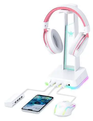 RGB Headphone Stand with 3.5mm AUX and 3 Port USB 2.0 Hub, White RGB Headphone Stand with 3.5mm AUX and 3 Port USB 2.0 Hub, White