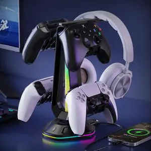 Gaming Headphones Stand, RGB Headset Stand with 12 Light Modes, Controller Holder with 2 USB Charging Ports - Supports Data Transfer, Earphone Hanger Accessories for Desktop Gamer Gaming Headphones Stand, RGB Headset Stand with 12 Light Modes, Controller Holder with 2 USB Charging Ports - Supports Data Transfer, Earphone Hanger Accessories for Desktop Gamer