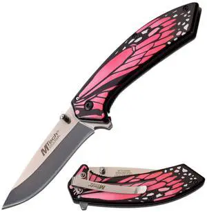 Spring Assisted Folding Knife Mirror Polished Blade, Stainless Steel Handle w/Pink Butterfly Design, Pocket Clip, Hunting, Camping, Survival, Tactical, EDC MT-A1005PK Spring Assisted Folding Knife Mirror Polished Blade, Stainless Steel Handle w/Pink Butterfly Design, Pocket Clip, Hunting, Camping, Survival, Tactical, EDC MT-A1005PK