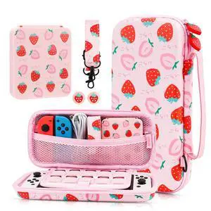 Pink Strawberry Carrying Case for Nintendo Switch & OLED Modle, Portable Switch Travel Protector with Cute Game Card Case, Shoulder Strap & 2 Thumb Caps, Switch Accessories Bundle for Girls Pink Strawberry Carrying Case for Nintendo Switch & OLED Modle, Portable Switch Travel Protector with Cute Game Card Case, Shoulder Strap & 2 Thumb Caps, Switch Accessories Bundle for Girls