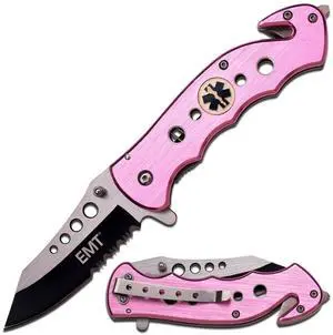 Folding Pocket Knife Black/Satin Partially Serrated Blade, Pink Aluminum Handle with EMT Logo, Rope Cutter, Glass Punch, Pocket Clip, Tactical, EDC, Rescue - TF-498PEM Folding Pocket Knife Black/Satin Partially Serrated Blade, Pink Aluminum Handle with EMT Logo, Rope Cutter, Glass Punch, Pocket Clip, Tactical, EDC, Rescue - TF-498PEM