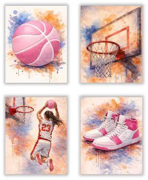 Watercolor Basketball Posters for Girls Room Set of 4, ( 8x10 inches ) Unframed Basketball Wall Art, Posters for Girls Bedroom Kids Room Playroom Nursery Watercolor Basketball Posters for Girls Room Set of 4, ( 8x10 inches ) Unframed Basketball Wall Art, Posters for Girls Bedroom Kids Room Playroom Nursery