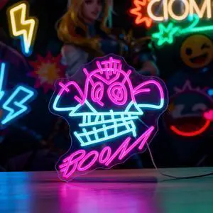 "BOOM!" Neon Sign with Cyberpunk Girl Art 13.8"x12.2" Pink & Blue LED Wall Decor Graffiti Style Light for Gaming Room, Bedroom & Street Art Space "BOOM!" Neon Sign with Cyberpunk Girl Art 13.8"x12.2" Pink & Blue LED Wall Decor Graffiti Style Light for Gaming Room, Bedroom & Street Art Space