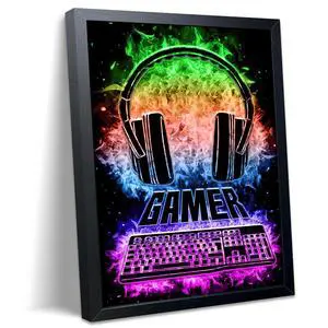 Neon Gamer Wall Art Framed Canvas Print, Colorful Headphones and Keyboard Gaming Poster, Cool Video Game Room Decor for Boys Bedroom Game Room Decor Oil Painting 12x16 Inch Neon Gamer Wall Art Framed Canvas Print, Colorful Headphones and Keyboard Gaming Poster, Cool Video Game Room Decor for Boys Bedroom Game Room Decor Oil Painting 12x16 Inch