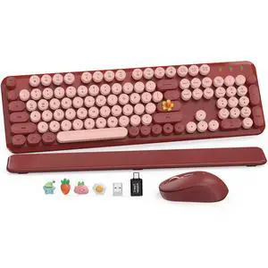 Wireless Keyboard and Mouse Combo, Wine Red Retro Typewriter Style Keyboard with Round Keycaps and Magnetic Wrist Rest, 2.4GHz Wireless for Mac, Windows PC, Laptop, Home Office, School, SABLUTE CK23 Wireless Keyboard and Mouse Combo, Wine Red Retro Typewriter Style Keyboard with Round Keycaps and Magnetic Wrist Rest, 2.4GHz Wireless for Mac, Windows PC, Laptop, Home Office, School, SABLUTE CK23