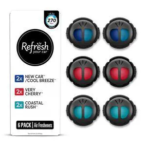 Mini Diffuser Car Air Fresheners Variety Pack, New Car/Cool Breeze, Very Cherry, and Coastal Rush Scents, 6 Pack Mini Diffuser Car Air Fresheners Variety Pack, New Car/Cool Breeze, Very Cherry, and Coastal Rush Scents, 6 Pack