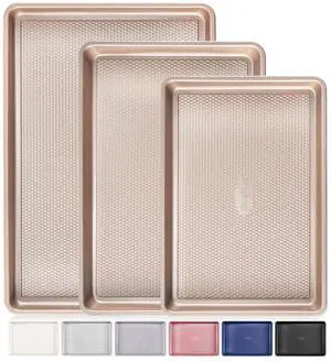 Baking Sheet Pan Set of 3, Cookie Sheets for Oven, Nonstick Half/Quarter/Jelly Roll Pans with Diamond Texture Pattern, 0.8mm Thick Heavy Duty Cookie Tray, Champagne Gold Baking Sheet Pan Set of 3, Cookie Sheets for Oven, Nonstick Half/Quarter/Jelly Roll Pans with Diamond Texture Pattern, 0.8mm Thick Heavy Duty Cookie Tray, Champagne Gold