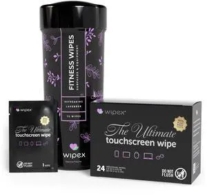 Screen Wipes & Gym Wipes Combo Pack - 75ct Gym Equipment Canister & 24ct Individually Wrapped Fitness Touch Screen Cloths, Safe for Yoga Mats & Electronics, Lavender Scent Screen Wipes & Gym Wipes Combo Pack - 75ct Gym Equipment Canister & 24ct Individually Wrapped Fitness Touch Screen Cloths, Safe for Yoga Mats & Electronics, Lavender Scent