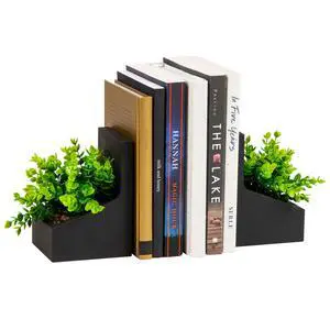 Contemporary Planter Bookends, Book Holders with Faux Greenery, Decorative Desktop or Shelf Organizer, Cement, Set of 2, Black Contemporary Planter Bookends, Book Holders with Faux Greenery, Decorative Desktop or Shelf Organizer, Cement, Set of 2, Black