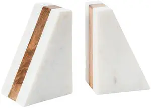 Marble Geometric Bookends with Wood Inlay, White Marble Geometric Bookends with Wood Inlay, White