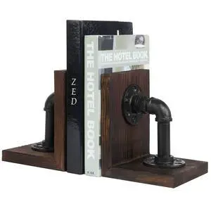 Burnt Wood Bookends with Metal Industrial Pipe Design, 2 Piece Set | Farmhouse Industrial Style Book ends for Shelves, Decorative Wood Book Stopper for Home Office, Decor for Office, Library Burnt Wood Bookends with Metal Industrial Pipe Design, 2 Piece Set | Farmhouse Industrial Style Book ends for Shelves, Decorative Wood Book Stopper for Home Office, Decor for Office, Library