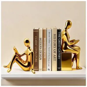 Decorative Bookends Set, Ceramic Book Ends for Shelves, Home Office Aesthetic Book Stopper, Reading Book Holder Statues for Bookshelf Bedroom Living Room Decor (Gold) Decorative Bookends Set, Ceramic Book Ends for Shelves, Home Office Aesthetic Book Stopper, Reading Book Holder Statues for Bookshelf Bedroom Living Room Decor (Gold)