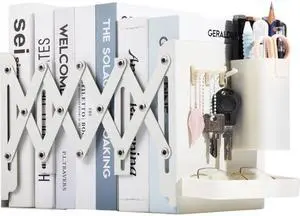Adjustable Bookends, 19" Metal Book Ends for Heavy Books, 2 Dividers Bookends with Removable Pen Holder, Tray, and 3 Hook-up, Book Organizer for Office, School, Bookstore, Home Adjustable Bookends, 19" Metal Book Ends for Heavy Books, 2 Dividers Bookends with Removable Pen Holder, Tray, and 3 Hook-up, Book Organizer for Office, School, Bookstore, Home