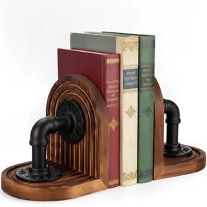 Rustic Wood Decorative Bookends for Shelves with Industrial Pipe Design | Farmhouse Industrial Style Steampunk Bookends for Heavy Duty Books, Non Slip Bottom Metal Book Holders Home Office Decor Gift Rustic Wood Decorative Bookends for Shelves with Industrial Pipe Design | Farmhouse Industrial Style Steampunk Bookends for Heavy Duty Books, Non Slip Bottom Metal Book Holders Home Office Decor Gift